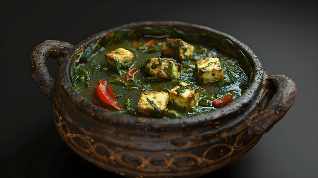 Authentic indian palak paneer in traditional clay pot