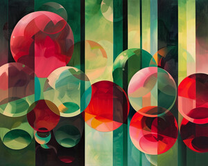 An array of lustrous geometric spheres each step revealing a new hue framed by the stark contrasting tones of red and green - obrazy, fototapety, plakaty