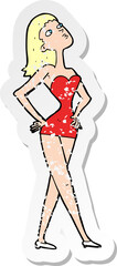 retro distressed sticker of a cartoon woman in party dress