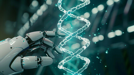 Close up of a robotic hand interacting with a 3D hologram of DNA strands illustrating the fusion of robotics and genetic engineering