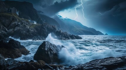 Stormy Night Over Coastal Village: Lightning Illuminates Dark Skies Above Raging Sea Waves Crashing Against Rocky Shore - obrazy, fototapety, plakaty