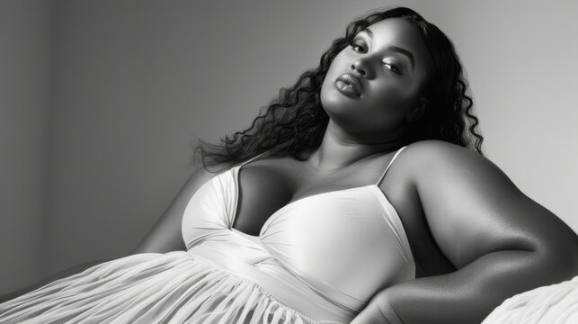 Plus size young woman in stylish clothes. Black and white photo. Diversity and body positivity