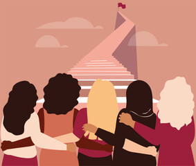 Independent women of different ethnicities stand side by side together while climbing highly on the stairs. Brave feminists support each other to reach their goal. Women empowerment and rights concept - obrazy, fototapety, plakaty