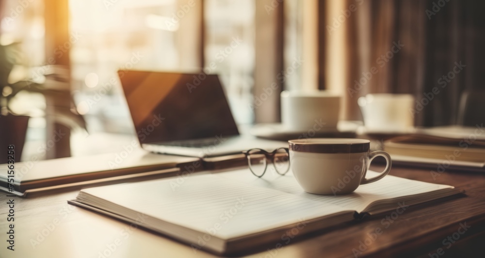 Poster focused workspace with open notebook and coffee