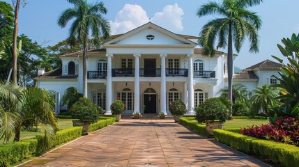 A stately white plantation house stands majestically with a perfectly manicured garden and palm trees.