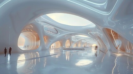Silhouetted figures walk through a modern lobby with organic, fluid architecture and a futuristic design.