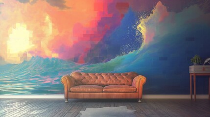 Pixelated waves of color creating a digital seascape on a den wall - obrazy, fototapety, plakaty