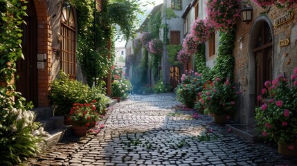 Fototapeta na wymiar Sunlit cobblestone street adorned with vibrant flowers and climbing ivy on historic buildings in a quaint village.