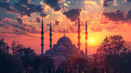 The sun sets behind a majestic mosque with soaring minarets and a sky painted with hues of pink and orange.