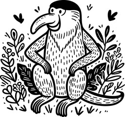 Proboscis monkey in cute animal doodle cartoon, children mascot drawing, outline,


