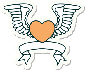 tattoo sticker with banner of a heart with wings