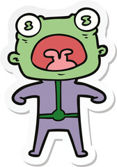 sticker of a cartoon weird alien shouting