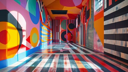A corridor bursting with vibrant colors and bold pop art-inspired designs, featuring geometric patterns and playful visual elements.