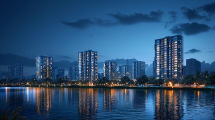 The city's waterfront skyline comes alive at dusk, with the reflection of building lights shimmering on the calm water surface.