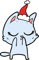 calm line drawing of a cat wearing santa hat