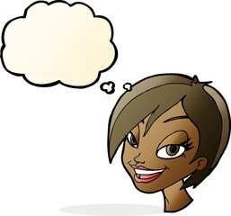 cartoon pretty female face with thought bubble