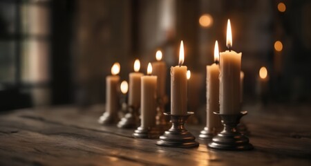  Warm and inviting ambiance with lit candles on a rustic table - obrazy, fototapety, plakaty