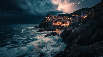 Lightning Strike Spectacle: A Coastal Hamlet Under Siege by Nature’s Fierce yet Majestic Display