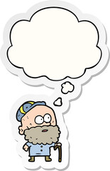 cartoon old man with walking stick and thought bubble as a printed sticker