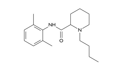 bupivacaine molecule, structural chemical formula, ball-and-stick model, isolated image local anesthetics