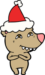 line drawing of a bear showing teeth wearing santa hat