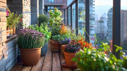 A variety of flowering plants and greenery in pots on a sunny urban apartment balcony.