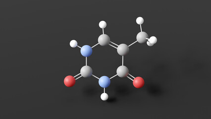 thymine molecular structure, nucleobases, ball and stick 3d model, structural chemical formula with colored atoms