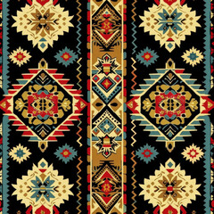 A colorful rug with a pattern of flowers and geometric shapes