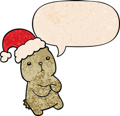 cartoon christmas bear worrying and speech bubble in retro texture style