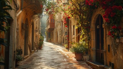 A sun-drenched, charming alleyway adorned with vibrant flowers in a quaint, historical European town, evoking a sense of warmth and tradition.