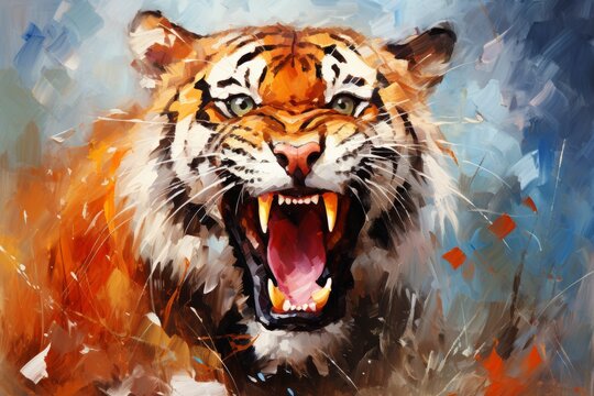 A majestic tiger in its natural habitat, captured in an oil painting illustration
