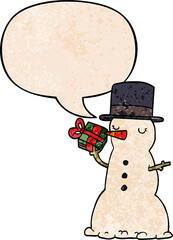 cartoon snowman and speech bubble in retro texture style