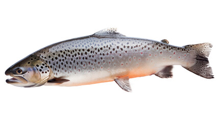 Trout whole fish, cut out element. A fish with a lot of spots on it. The fish is brown and white Isolated on transparent background, PNG
