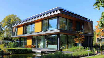 Fototapeta premium This bright modern house showcases eco-friendly design with its solar panels and full-length windows overlooking a tranquil pond in a lush garden setting.