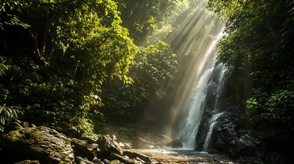 Mystical Waterfall Amidst Verdant Forest Bathed in Sunlight