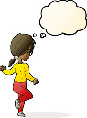 cartoon girl dancing with thought bubble