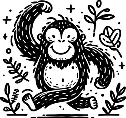 gorilla, orangutan, in cute animal doodle cartoon, children mascot drawing, outline,

