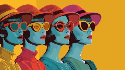 Artwork featuring four women in a retro style, wearing vintage sunglasses and hats against a sunny yellow backdrop.