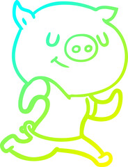 cold gradient line drawing happy cartoon pig running
