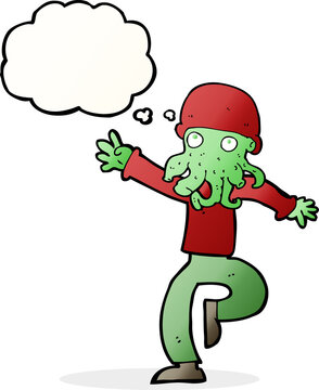 cartoon alien monster man with thought bubble