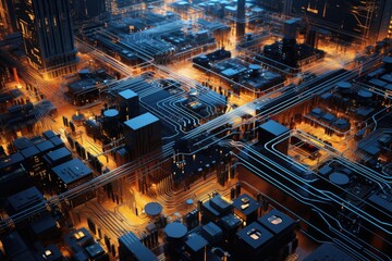 Obraz premium Motherboard design as digital circuit city, Photo closeup photo of a printed circuit board with intricate, Ai generated