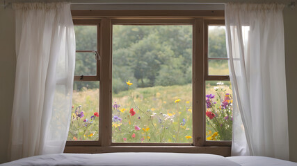 wooden open window with curtains overlooking a flower meadow