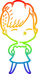 rainbow gradient line drawing cartoon squinting girl in dress