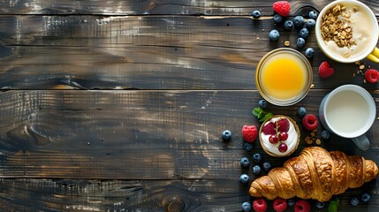 Healthy breakfast spread on a rustic wooden table. fresh fruit, croissant, and cereals. a stylish and vibrant food photography scene. ideal for culinary blogs. AI