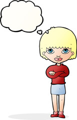 cartoon woman with folded arms with thought bubble