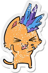 distressed sticker of a cartoon punk rock cat hissing