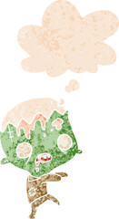 cartoon zombie and thought bubble in retro textured style