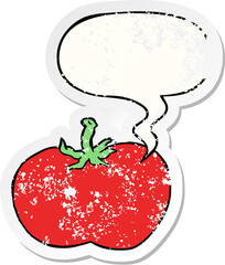 cartoon tomato and speech bubble distressed sticker