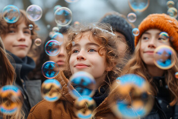 Portrait a childs smiling among soap bubbles.
A joyful child surrounded by colorful soap bubbles.