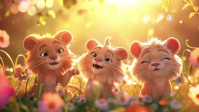 baby lions playing happily, in the flower garden, Animation looping video 4k